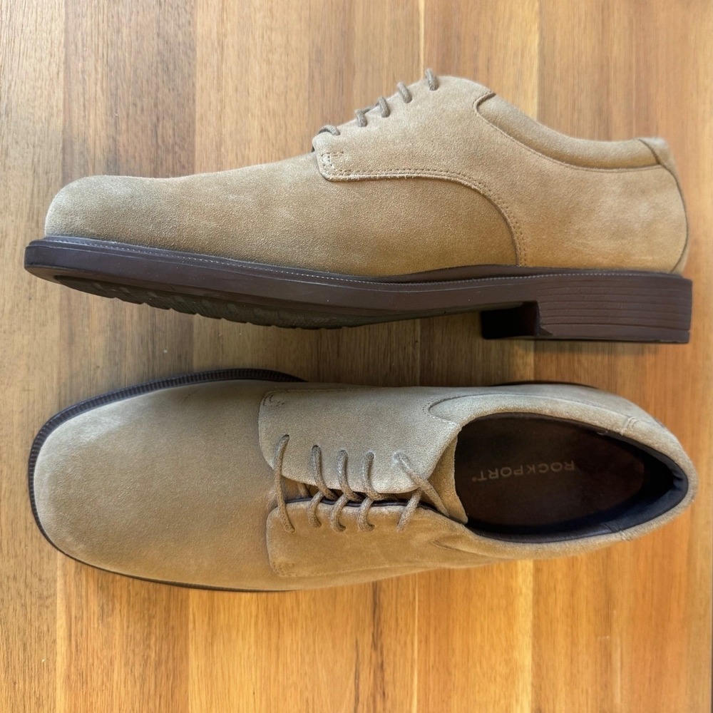 Rockport Men 10 M Tan Beige Suede Oxford Dress Shoes Lace Up Preppy Academia